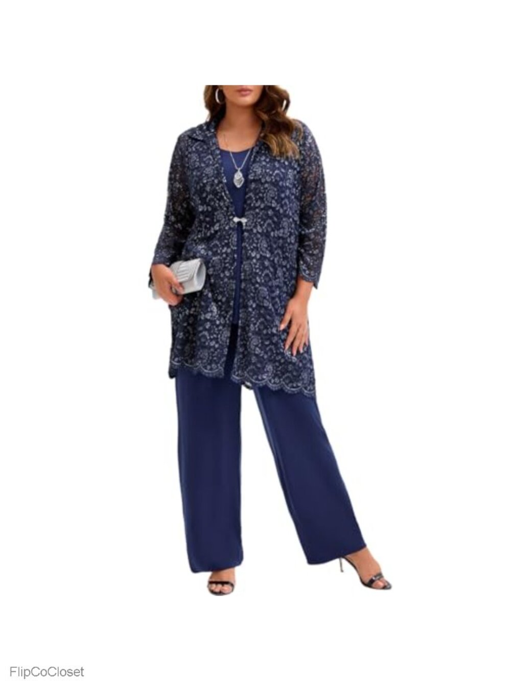 Plus Size 3 Piece Lace Pant Suit Set Crystal Linen Vest Wedding Guest Formal